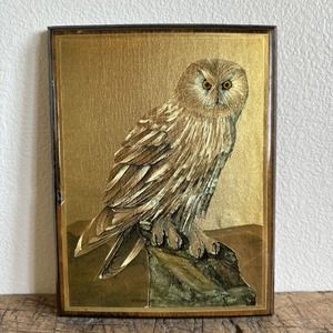 Owl Metallic Gold Tone Foil Art Print in Resin Wood Frame Signed R.J. Smith 1977